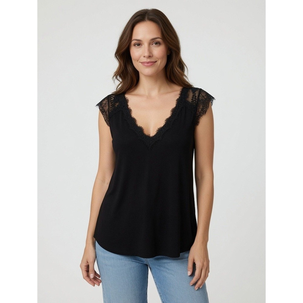 POL Womens Black Eyelash Lace‎ Trim V-Neck Sleeveless Top Small Edgy